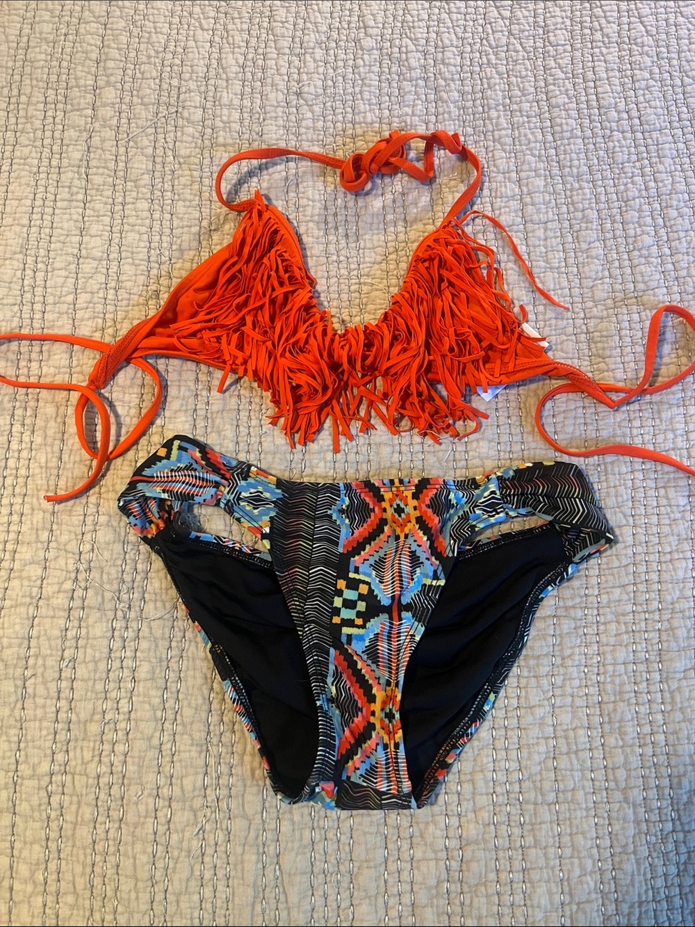 LSPACE Fringe Orange Bikini Top with Tribal Print Bottom